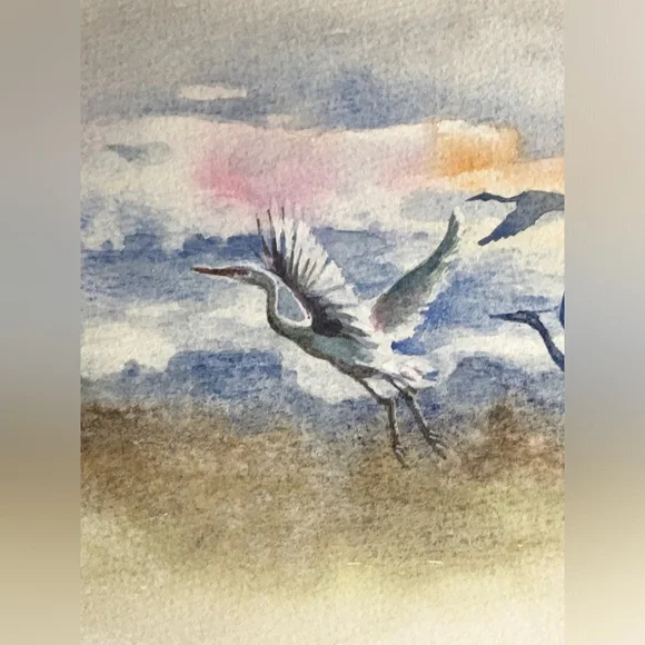 Original Egrets Watercolor Painting Birds Flight Art Landscape Decor Artettina - Picture 4 of 9